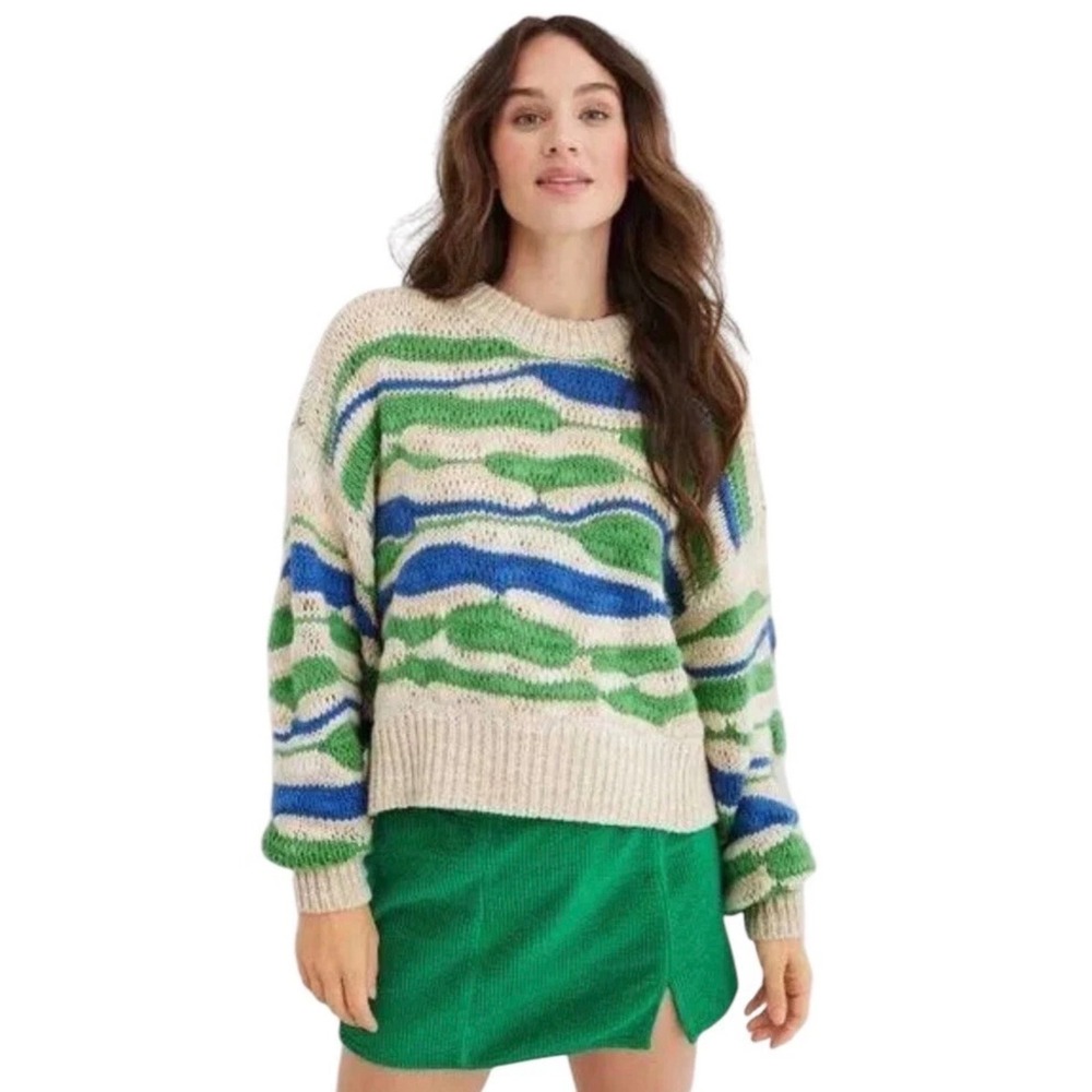 Aerie Wavy Stripe Sweater Womens S Green Blue Cream Chunky Knit Wool Blend Boho